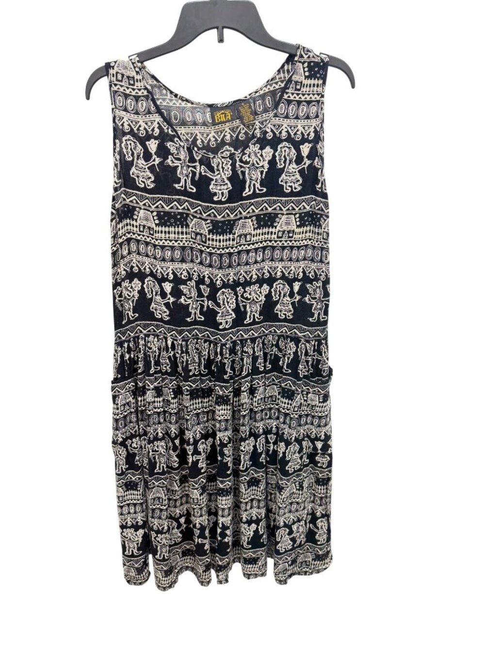 Bila Rayon Midi Dress Black Ivory Tribal Print Pockets Boho Style Medium